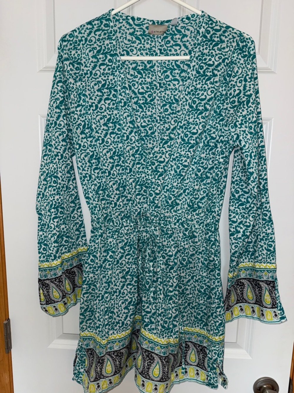 Athleta Teal and White Printed Swim Coverup with Paisley Border